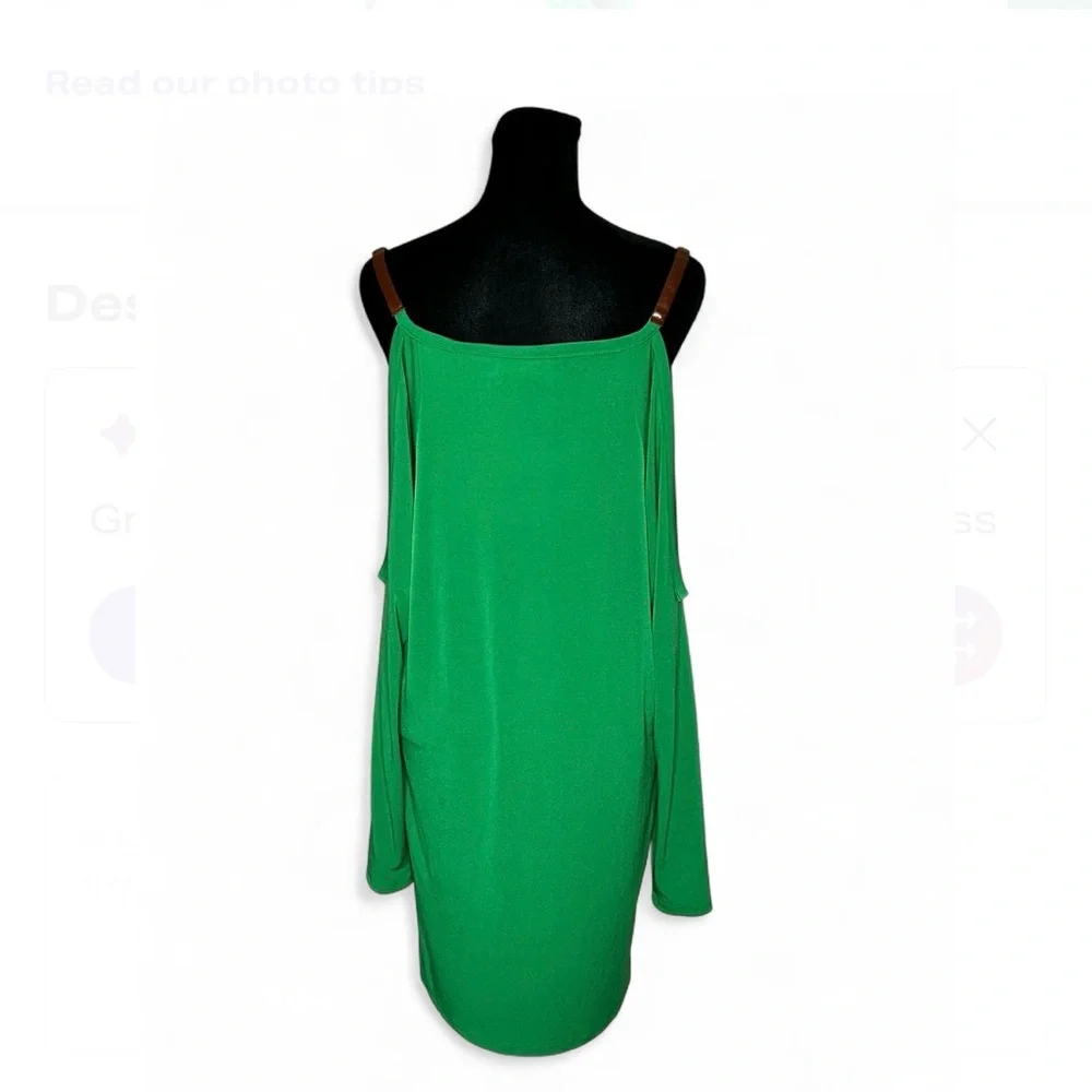 MICHAEL KORS Green Off The Shoulders Dress S, W/Leather Straps And Long Sleeves.